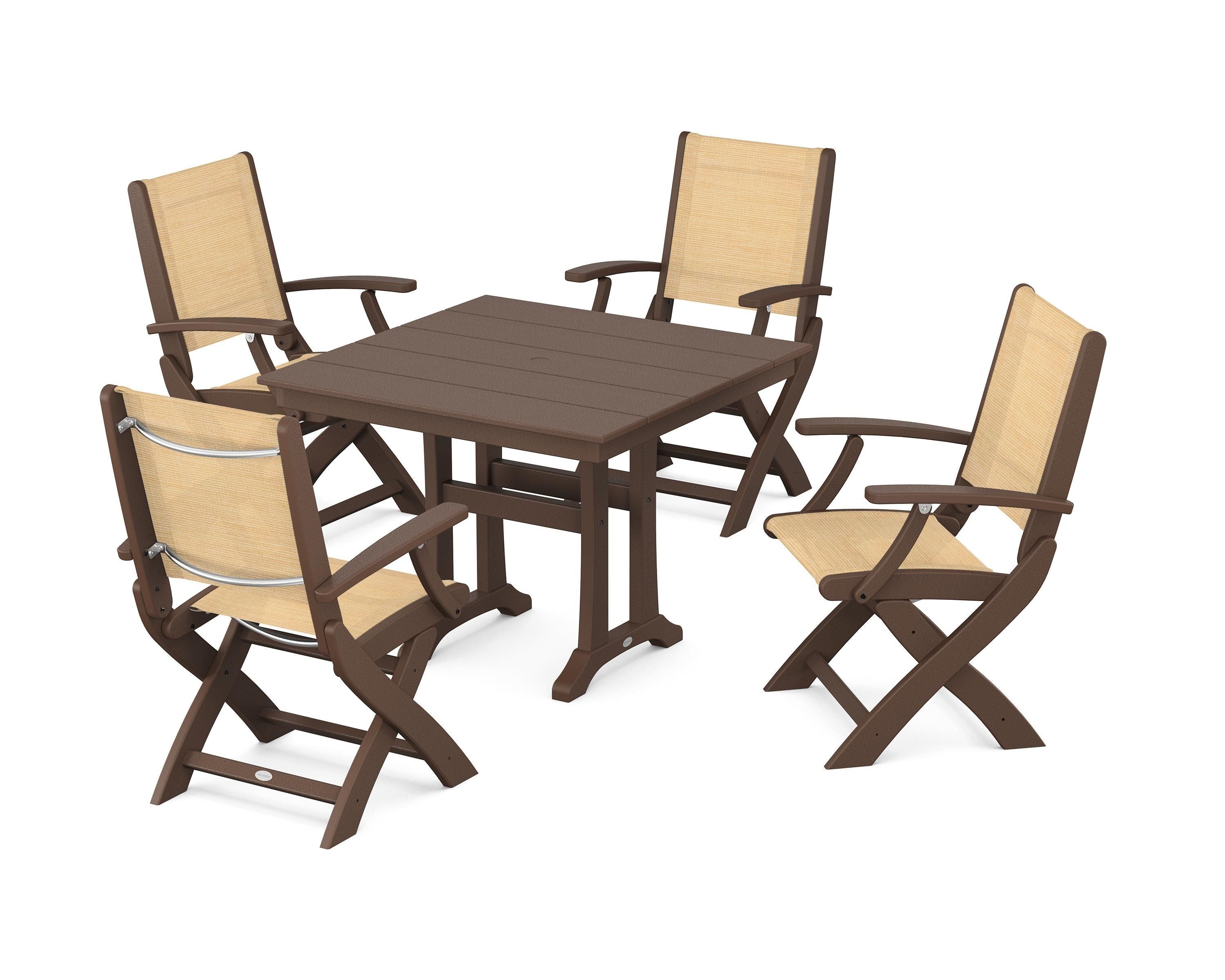 POLYWOOD® Coastal Folding Chair 5-Piece Farmhouse Dining Set With Trestle Legs in Mahogany / Dupioni Apricot Sling