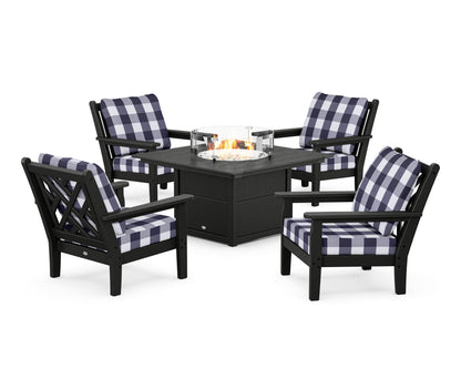 POLYWOOD® Chippendale 5-Piece Deep Seating Set with Fire Pit Table in Black / Buffalo Plaid Navy