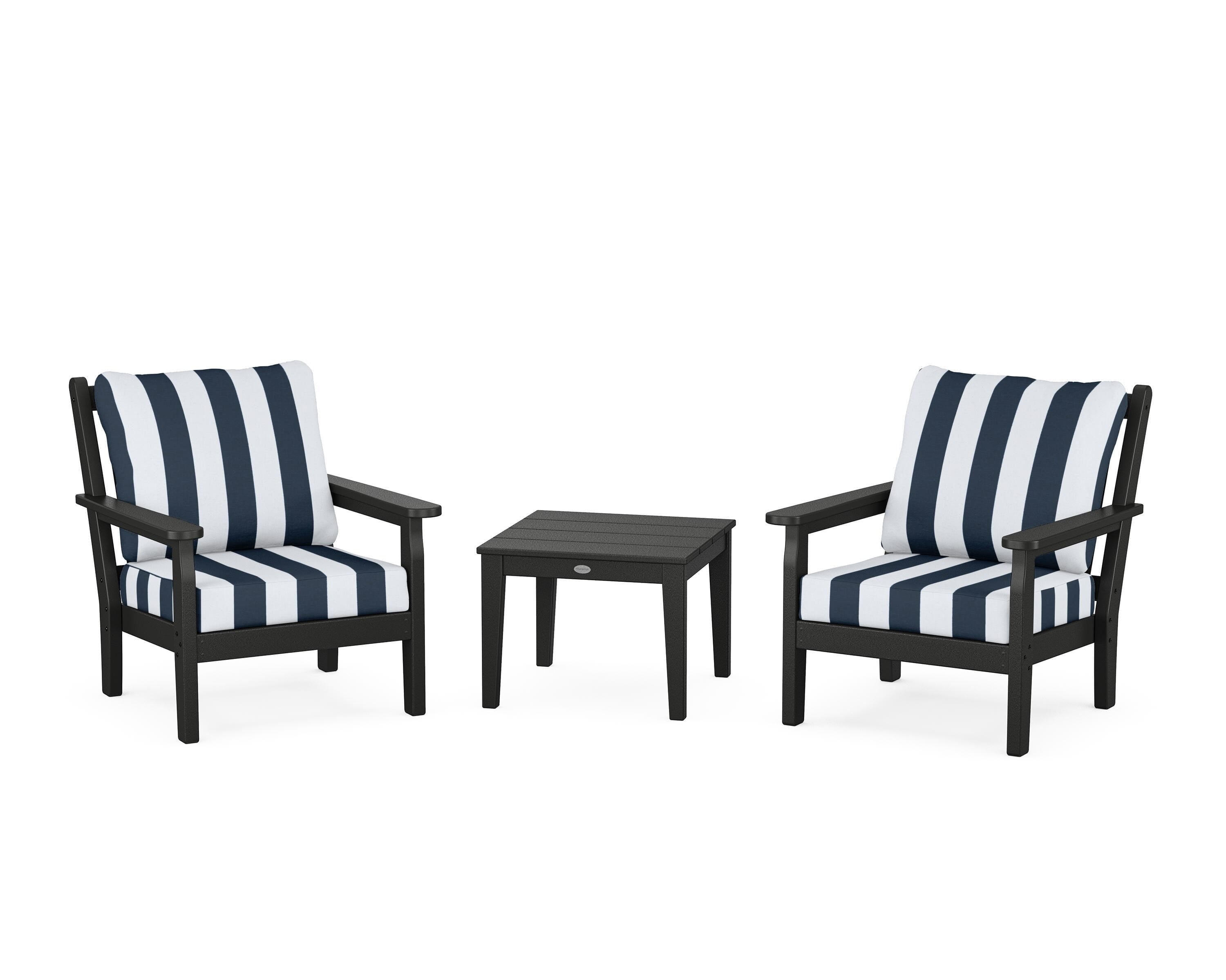 POLYWOOD® Chippendale 3-Piece Deep Seating Set in Black / Cabana Stripe Marine Indigo