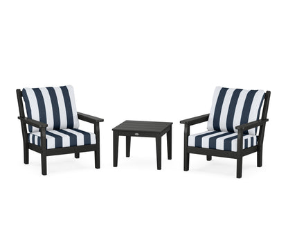 POLYWOOD® Chippendale 3-Piece Deep Seating Set in Black / Cabana Stripe Marine Indigo