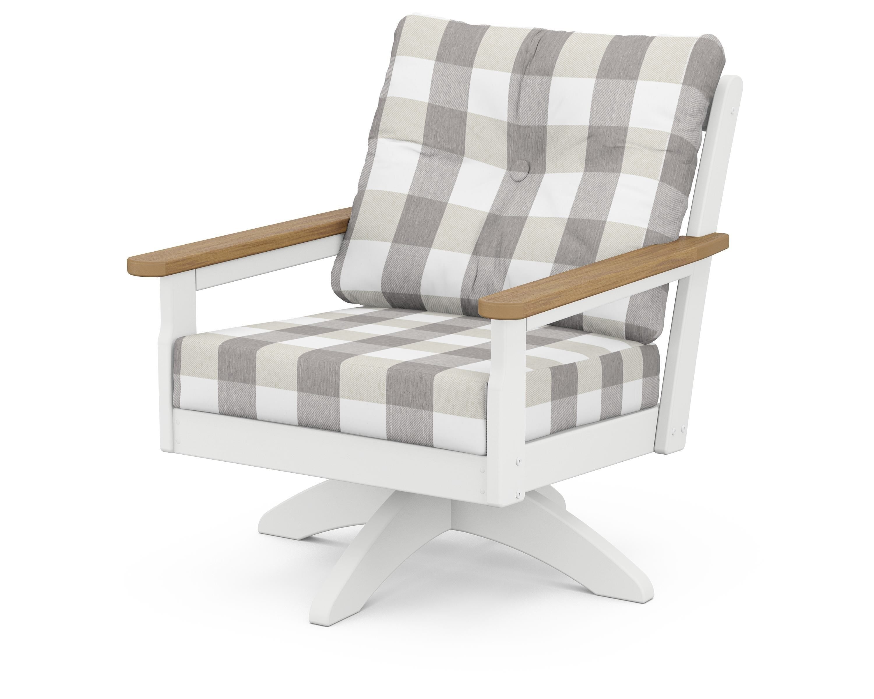POLYWOOD® Vineyard Deep Seating Swivel Chair in White / Natural / Buffalo Plaid Grey Mist