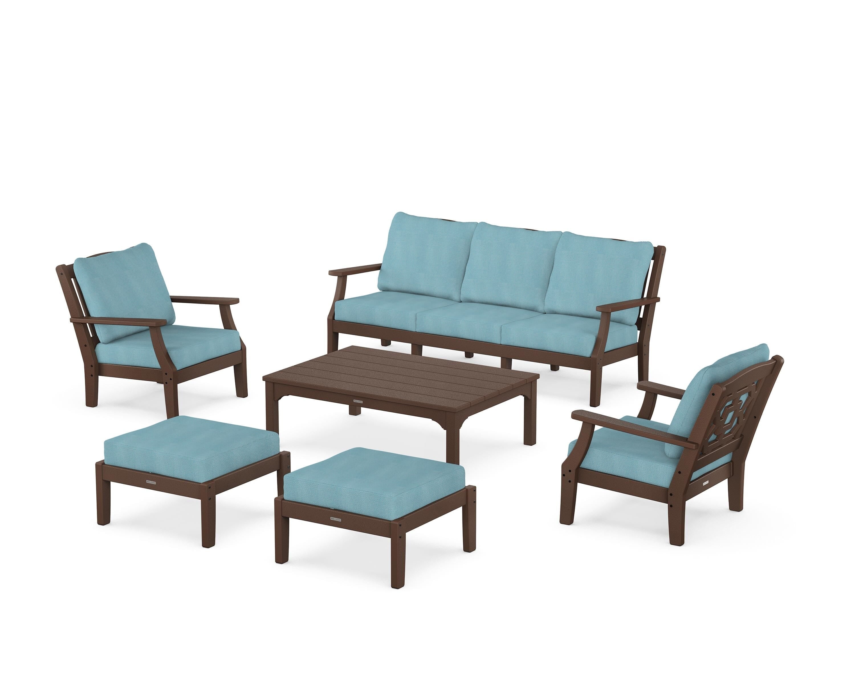 Martha Stewart by POLYWOOD® Chinoiserie 6-Piece Lounge Sofa Set in Mahogany / Lattice Sky Blue