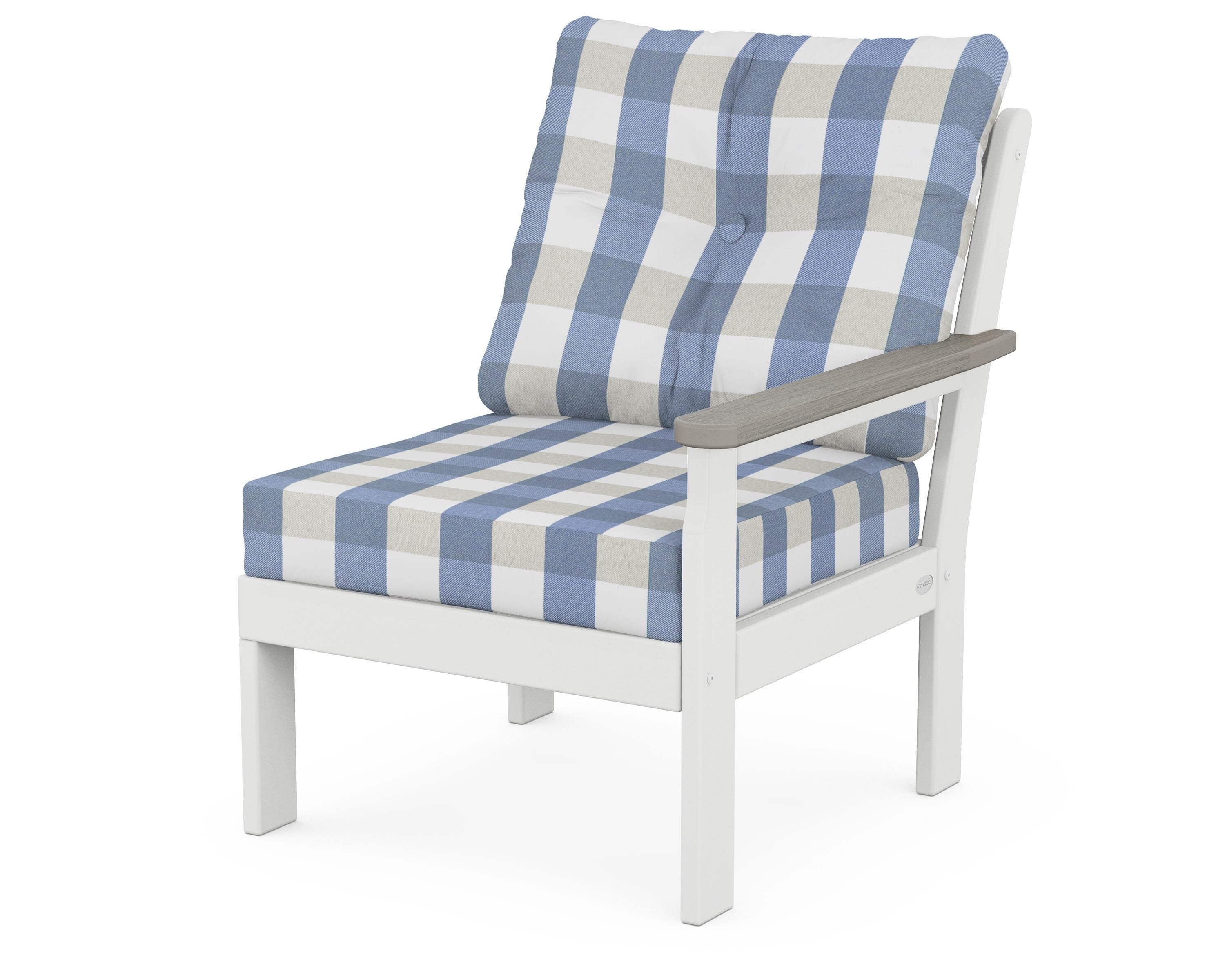 POLYWOOD® Vineyard Modular Right Arm Chair in White / Driftwood / Buffalo Plaid Sky Blue