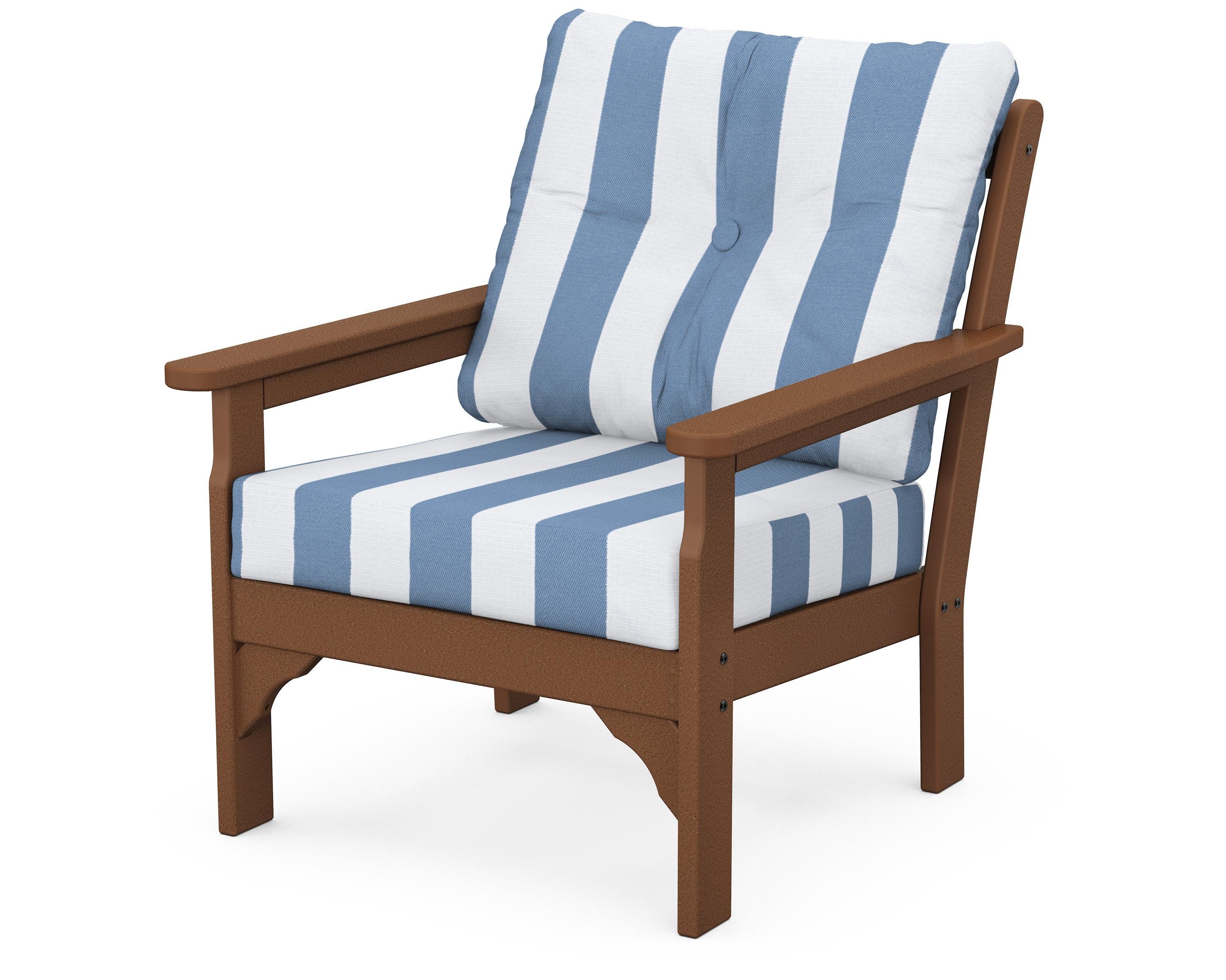 POLYWOOD® Vineyard Deep Seating Chair in Teak / Cabana Stripe Sky Blue