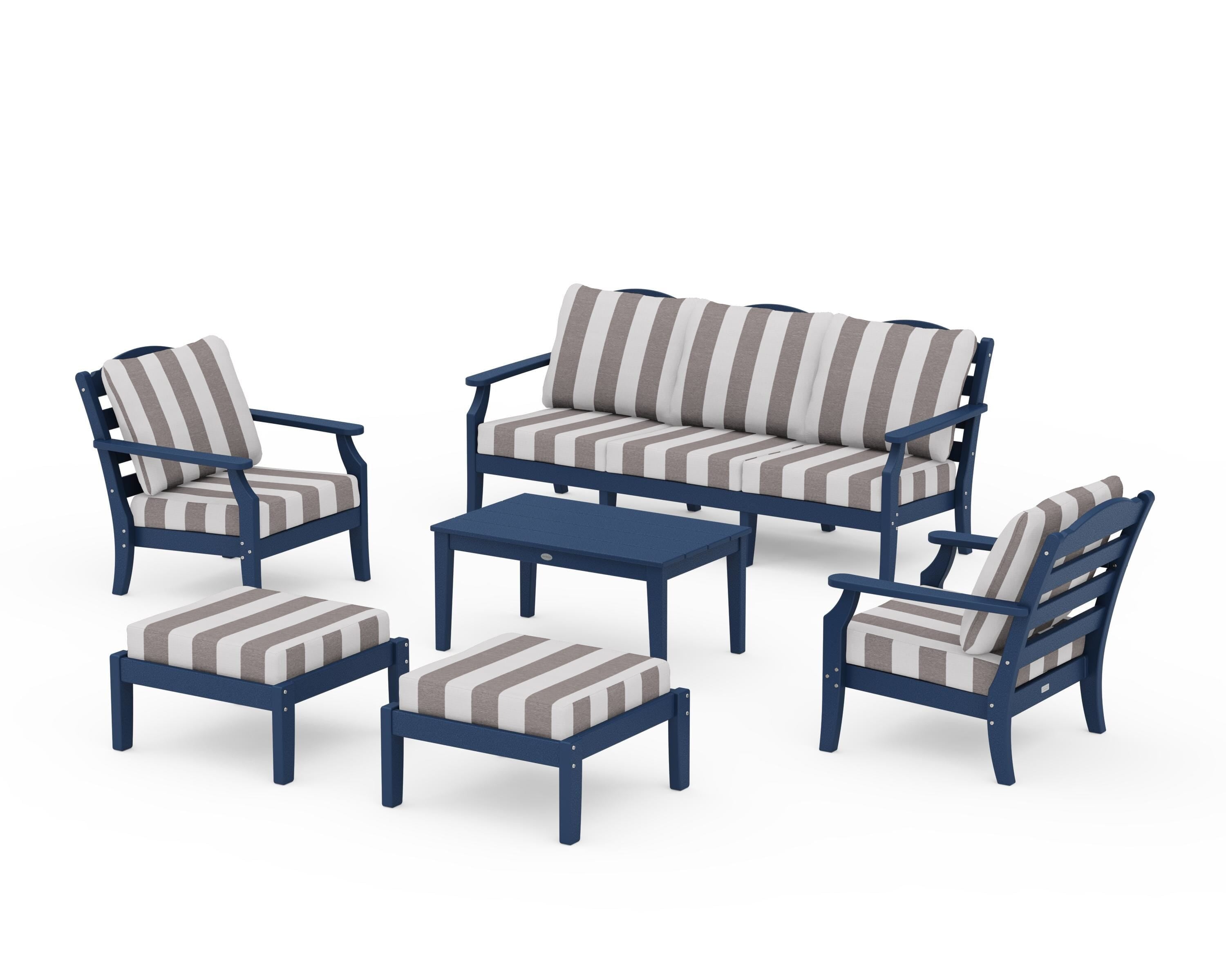Draper James™ by  POLYWOOD® Savannah 6-Piece Lounge Sofa Set in Navy / Cabana Stripe Grey Mist