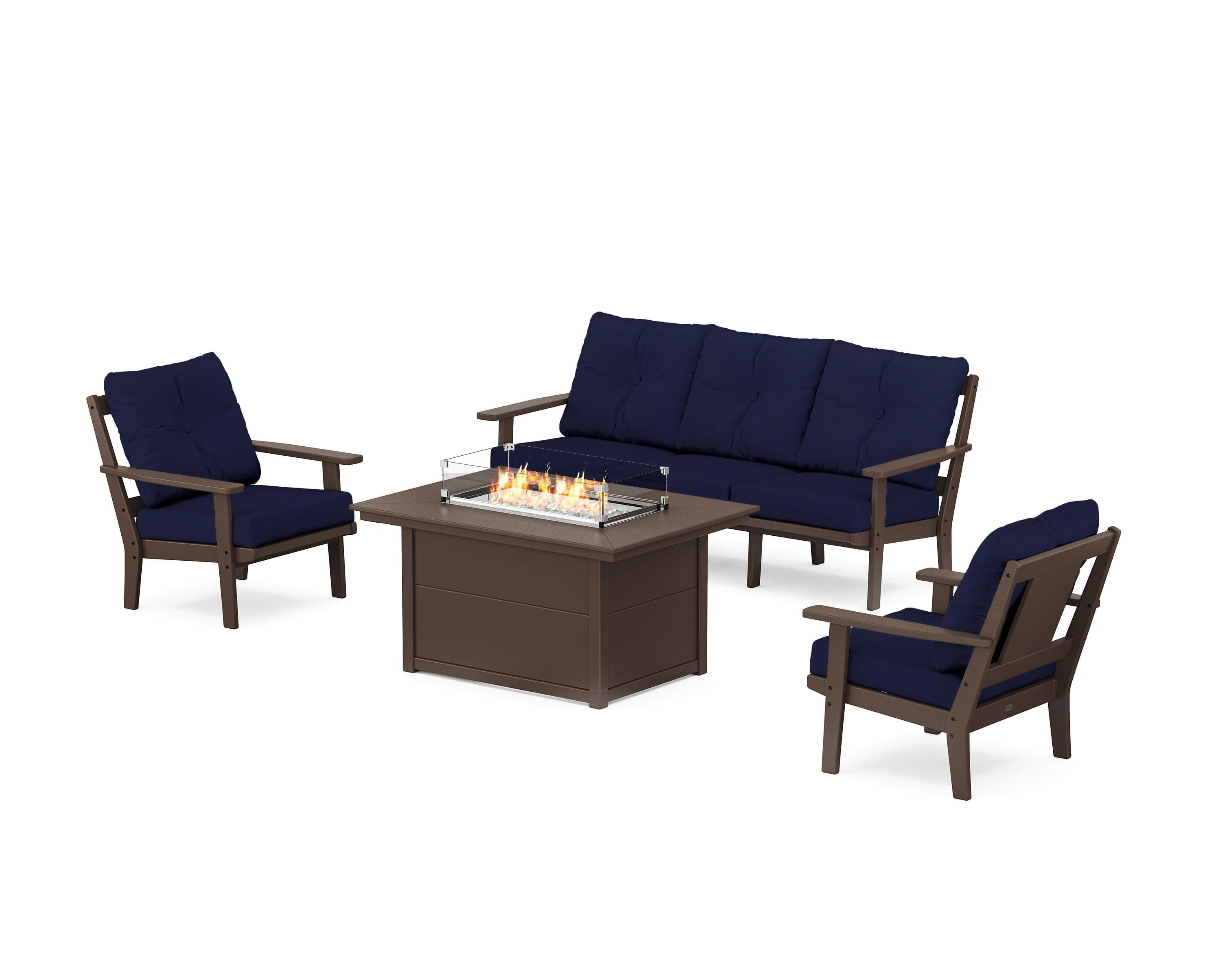 POLYWOOD® Prairie Deep Seating Fire Pit Table Set in Mahogany / Navy