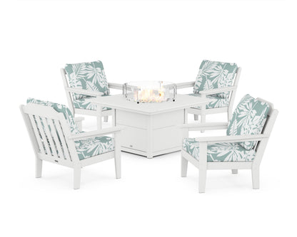 Country Living Cottage 5-Piece Deep Seating Set with Fire Pit Table in White / Leaf Glacier Spa