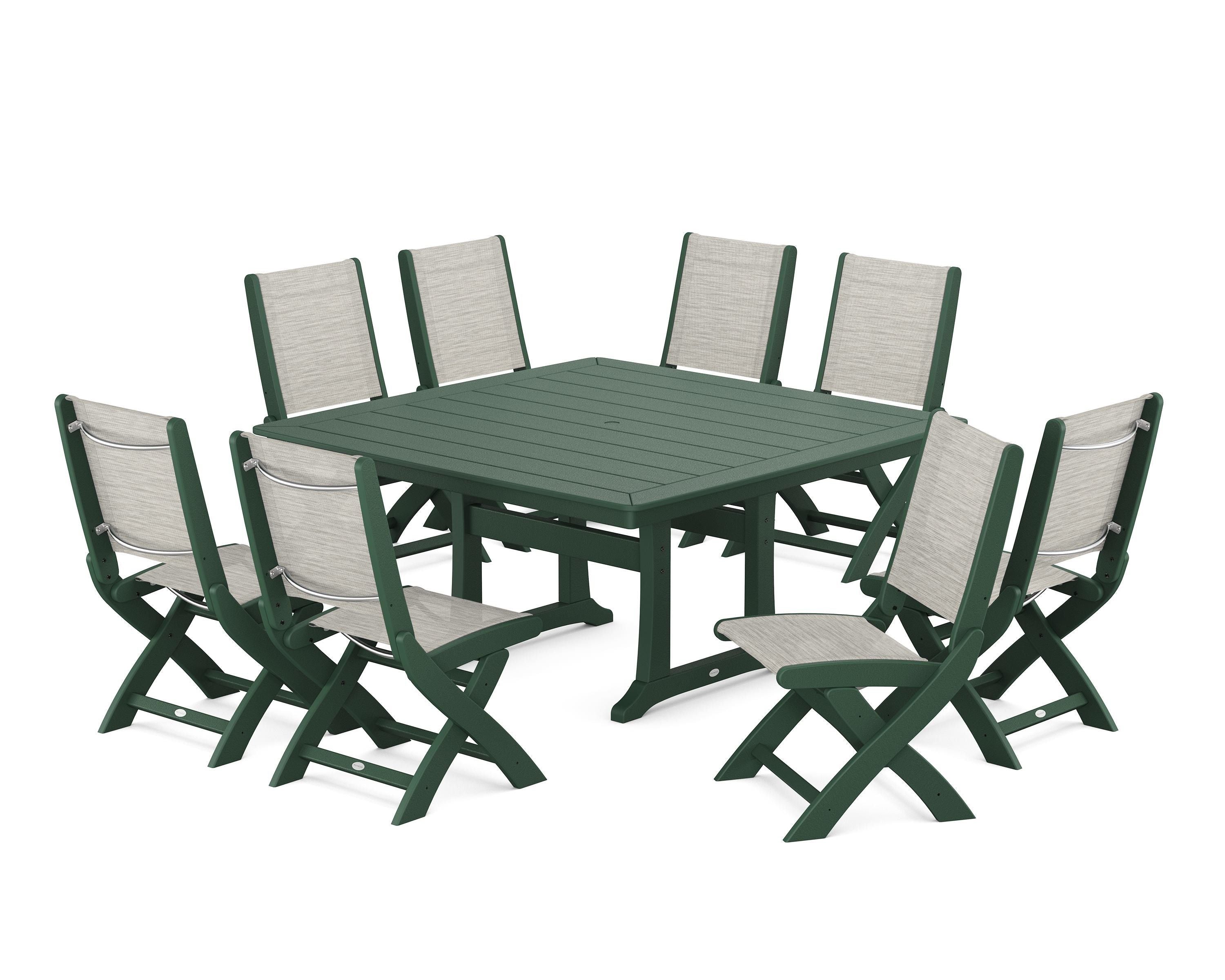 POLYWOOD® Coastal Folding Side Chair 9-Piece Dining Set with Trestle Legs in Green / Birch Sling