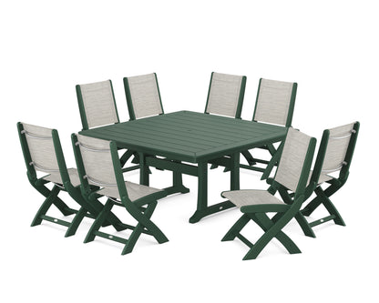 POLYWOOD® Coastal Folding Side Chair 9-Piece Dining Set with Trestle Legs in Green / Birch Sling