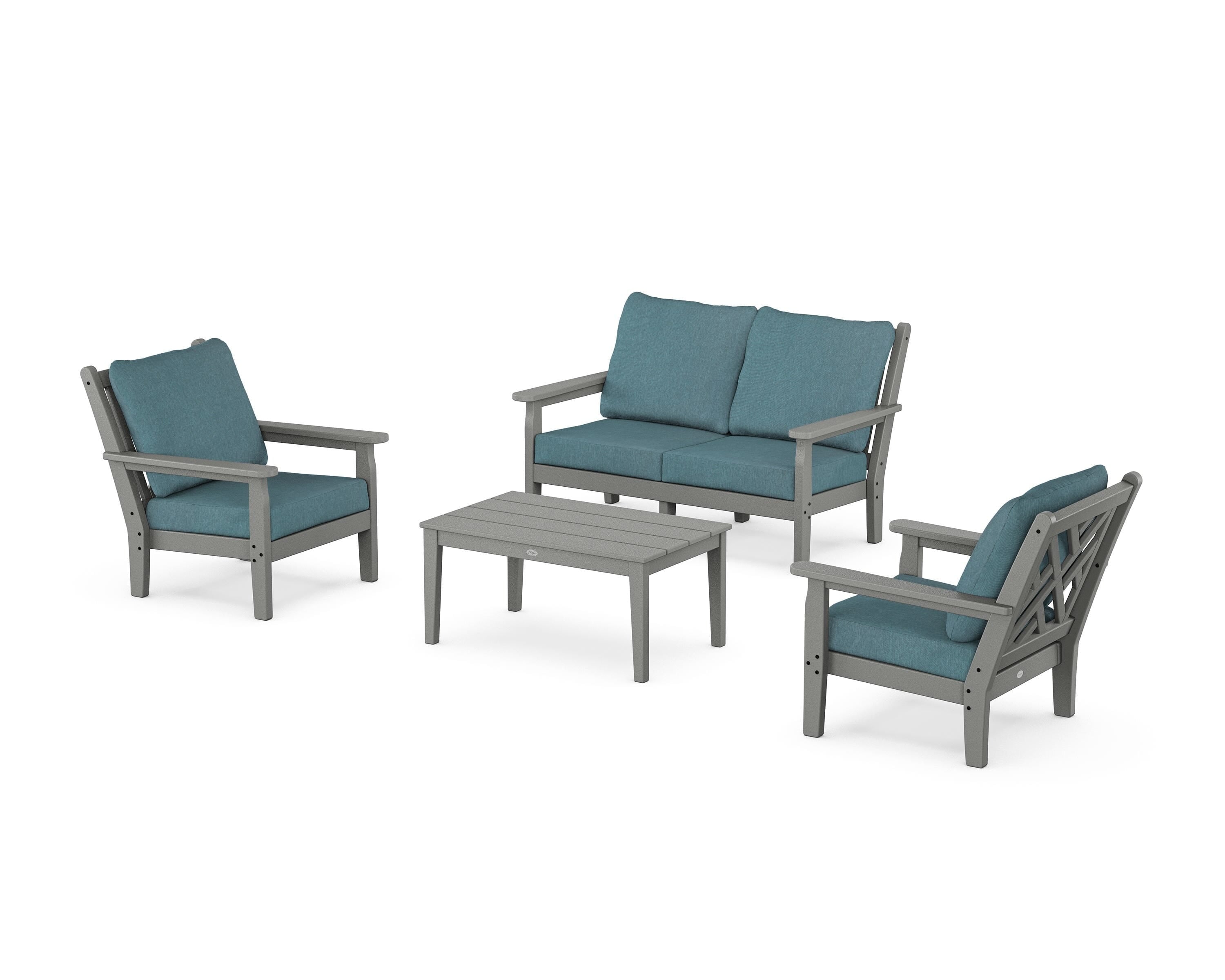 POLYWOOD® Chippendale 4-Piece Deep Seating Set with Loveseat in Slate Grey / Ocean Teal