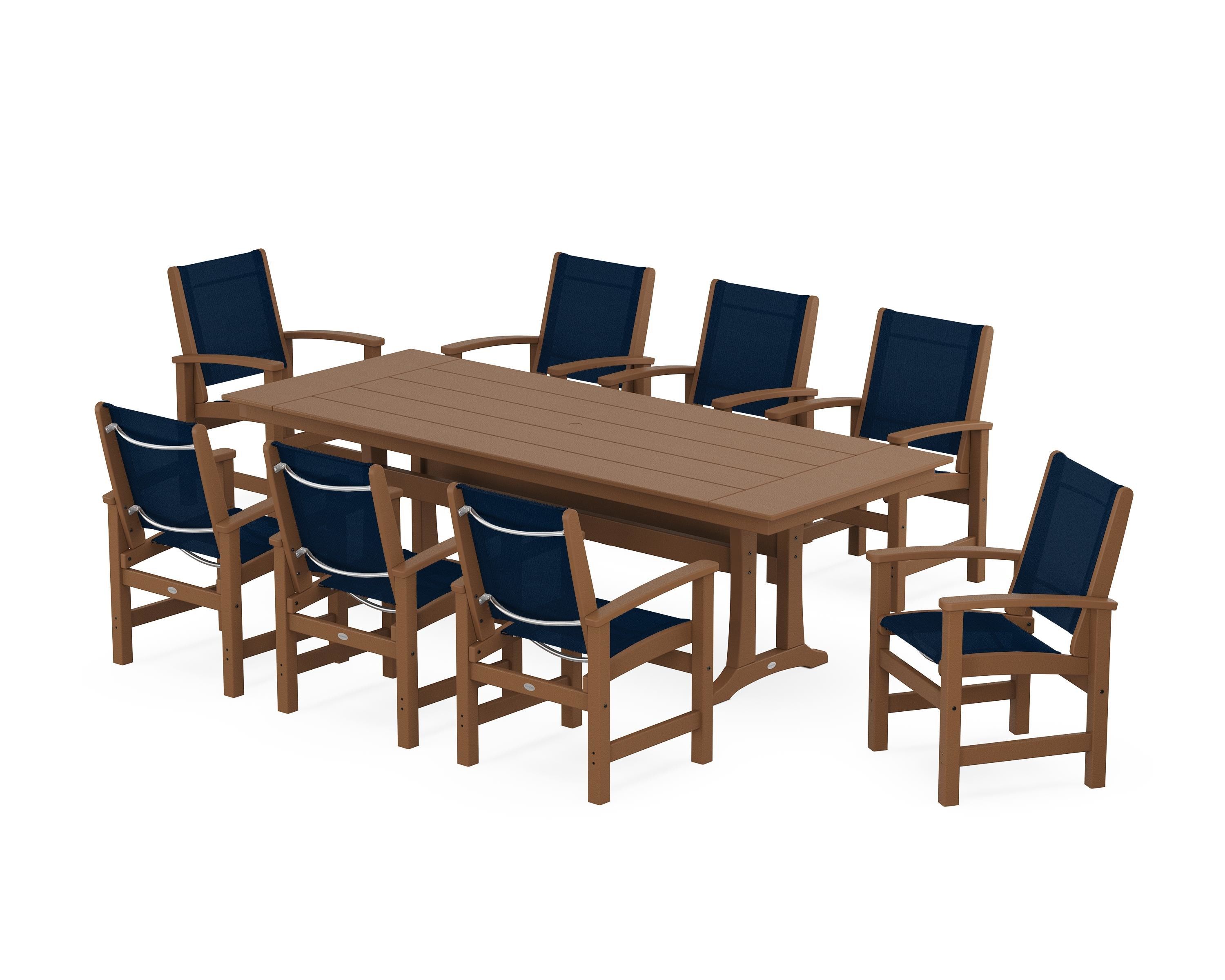 POLYWOOD® Coastal 9-Piece Farmhouse Dining Set with Trestle Legs in Teak / Navy Blue Sling