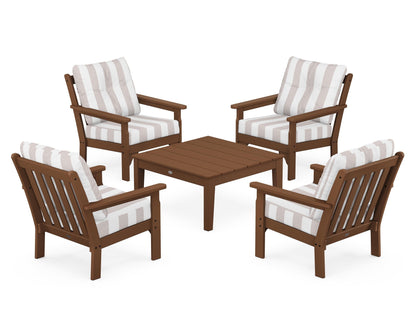 POLYWOOD® Vineyard 5-Piece Deep Seating Conversation Set in Teak / Cabana Stripe Dune Burlap
