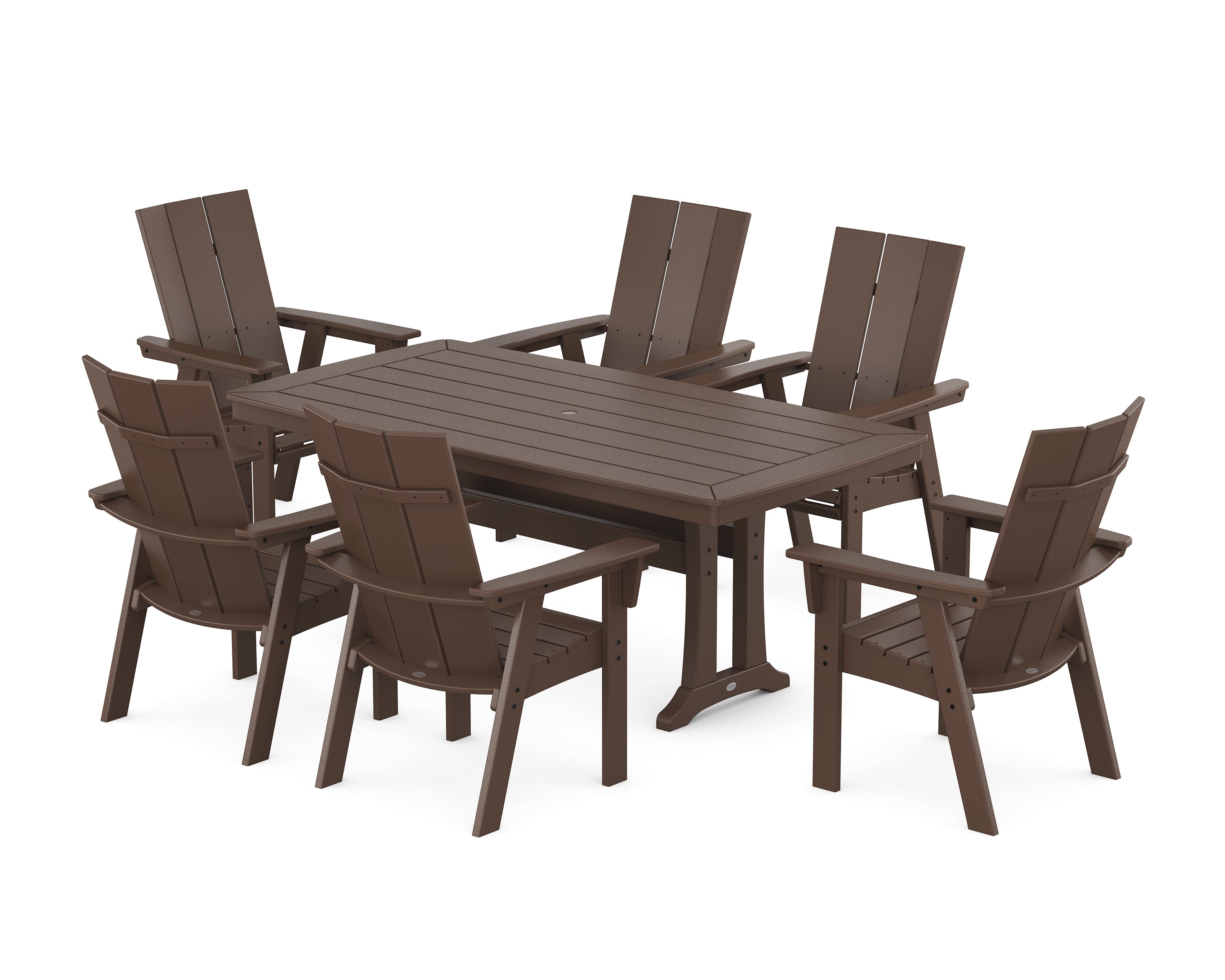 POLYWOOD® Modern Curveback Adirondack 7-Piece Dining Set with Trestle Legs in Mahogany