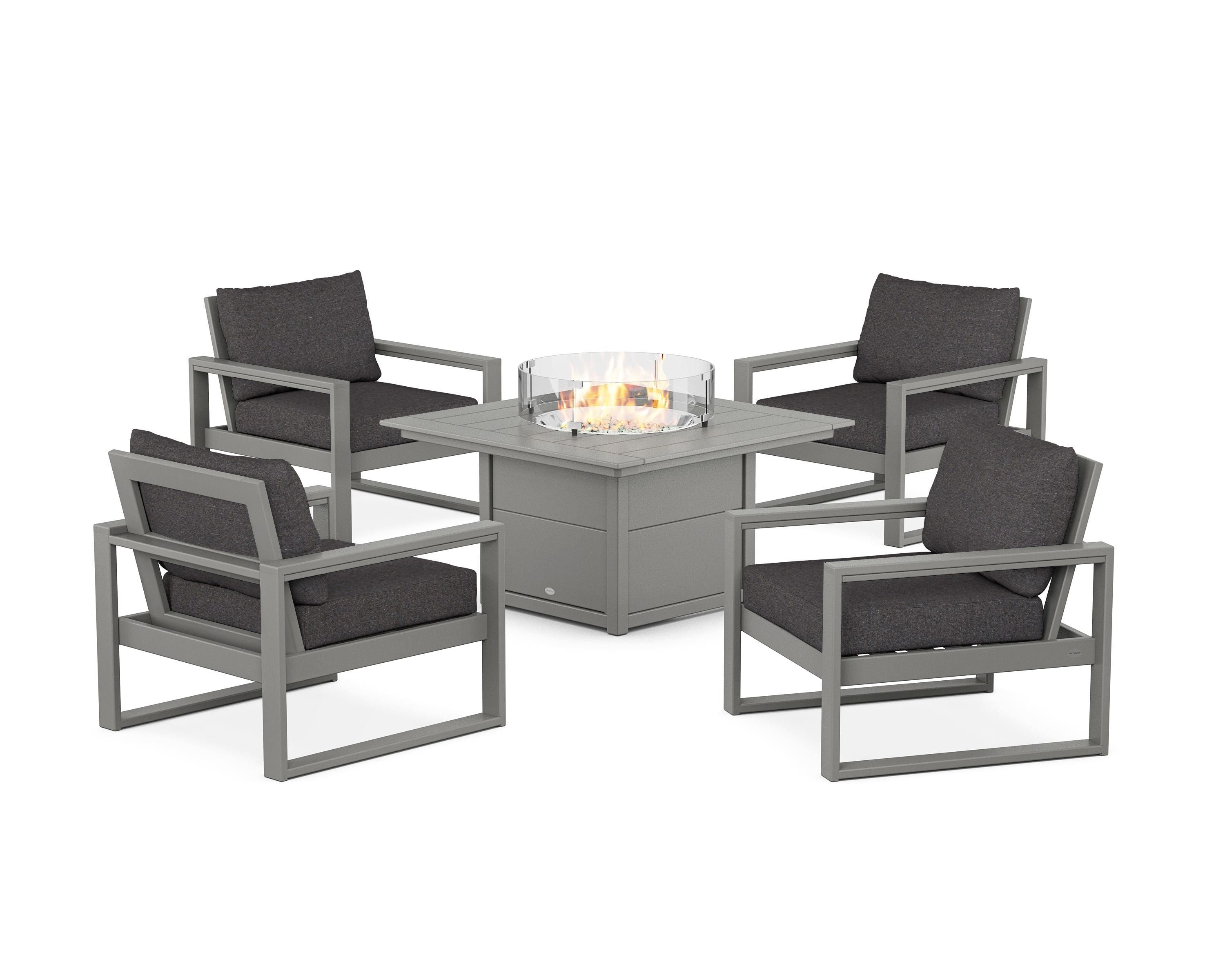 POLYWOOD® EDGE Sectional 5-Piece Deep Seating Set with Fire Pit Table in Slate Grey / Ash Charcoal