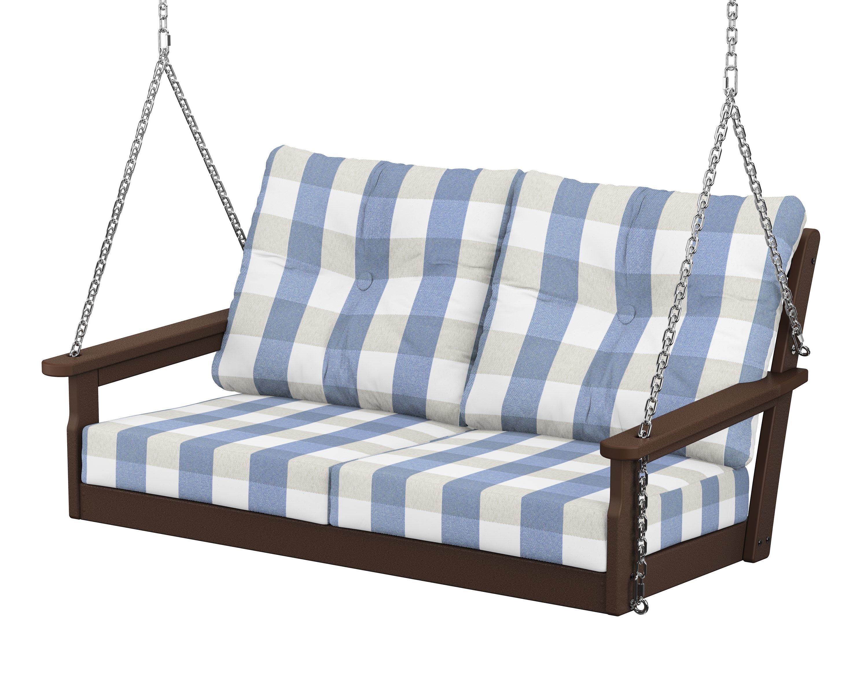 POLYWOOD® Vineyard Deep Seating Swing in Mahogany / Buffalo Plaid Sky Blue