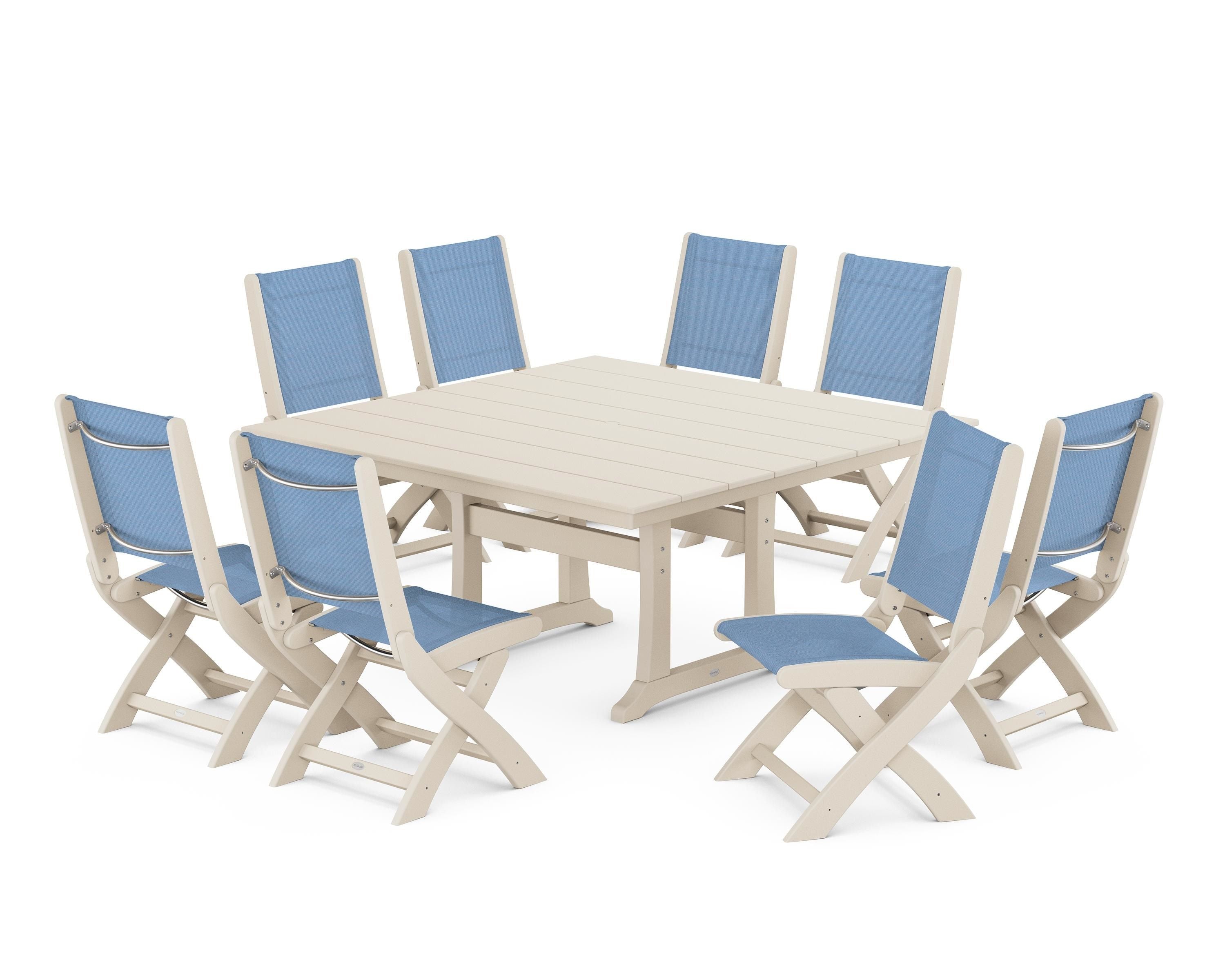 POLYWOOD® Coastal Folding Side Chair 9-Piece Farmhouse Dining Set in Sand / Poolside Sling