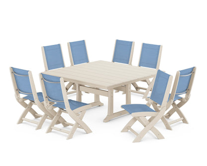 POLYWOOD® Coastal Folding Side Chair 9-Piece Farmhouse Dining Set in Sand / Poolside Sling