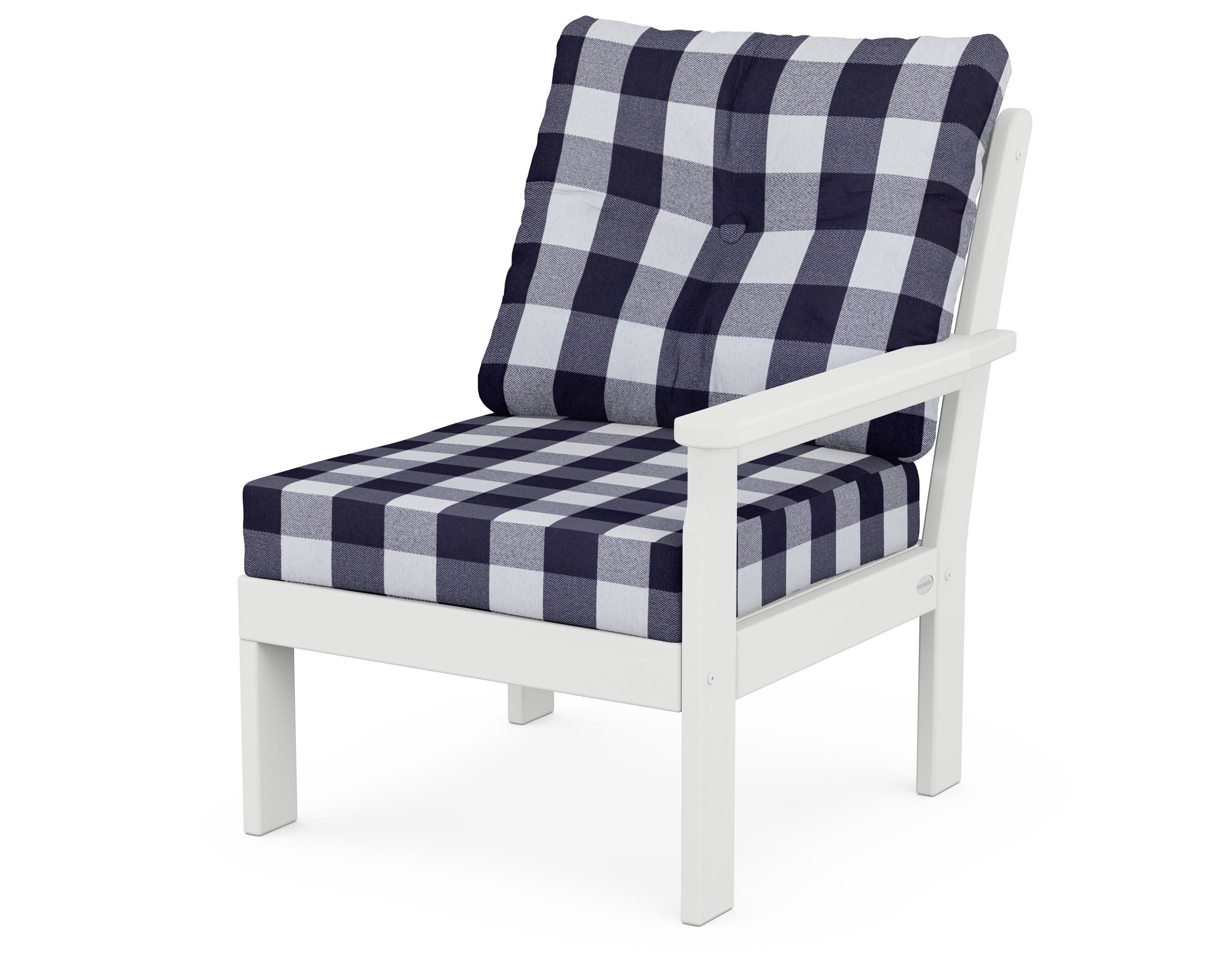POLYWOOD® Vineyard Modular Right Arm Chair in White / Buffalo Plaid Navy