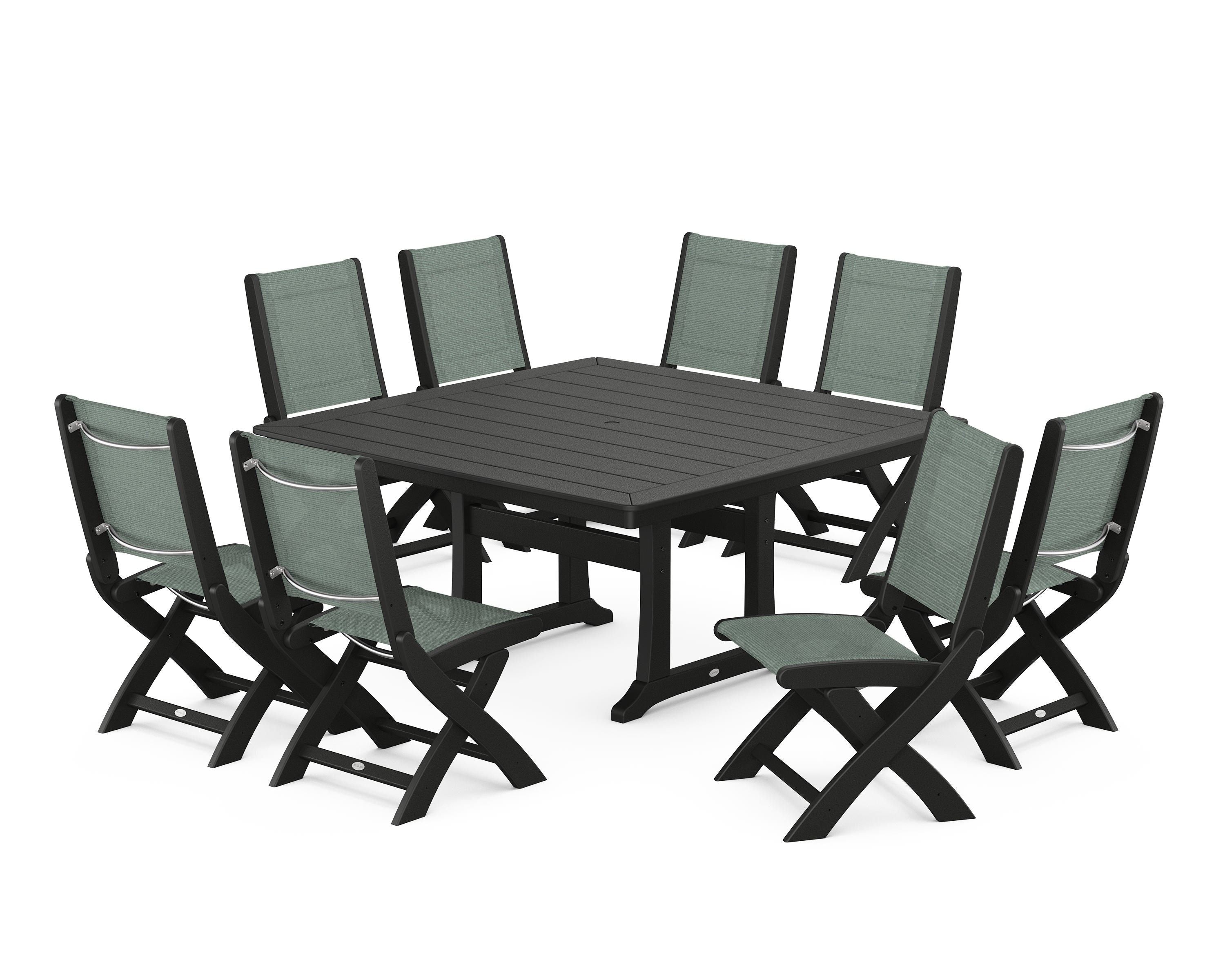 POLYWOOD® Coastal Folding Side Chair 9-Piece Dining Set with Trestle Legs in Black / Dupioni Sea Mist Sling