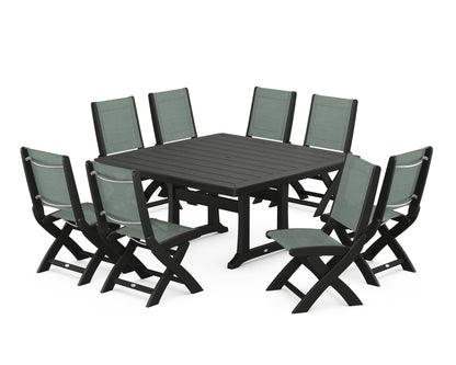 POLYWOOD® Coastal Folding Side Chair 9-Piece Dining Set with Trestle Legs in Black / Dupioni Sea Mist Sling