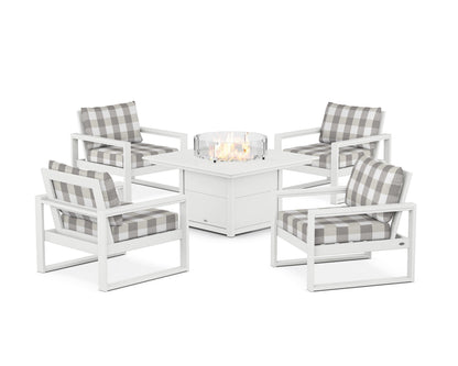 POLYWOOD® EDGE Sectional 5-Piece Deep Seating Set with Fire Pit Table in White / Buffalo Plaid Grey Mist