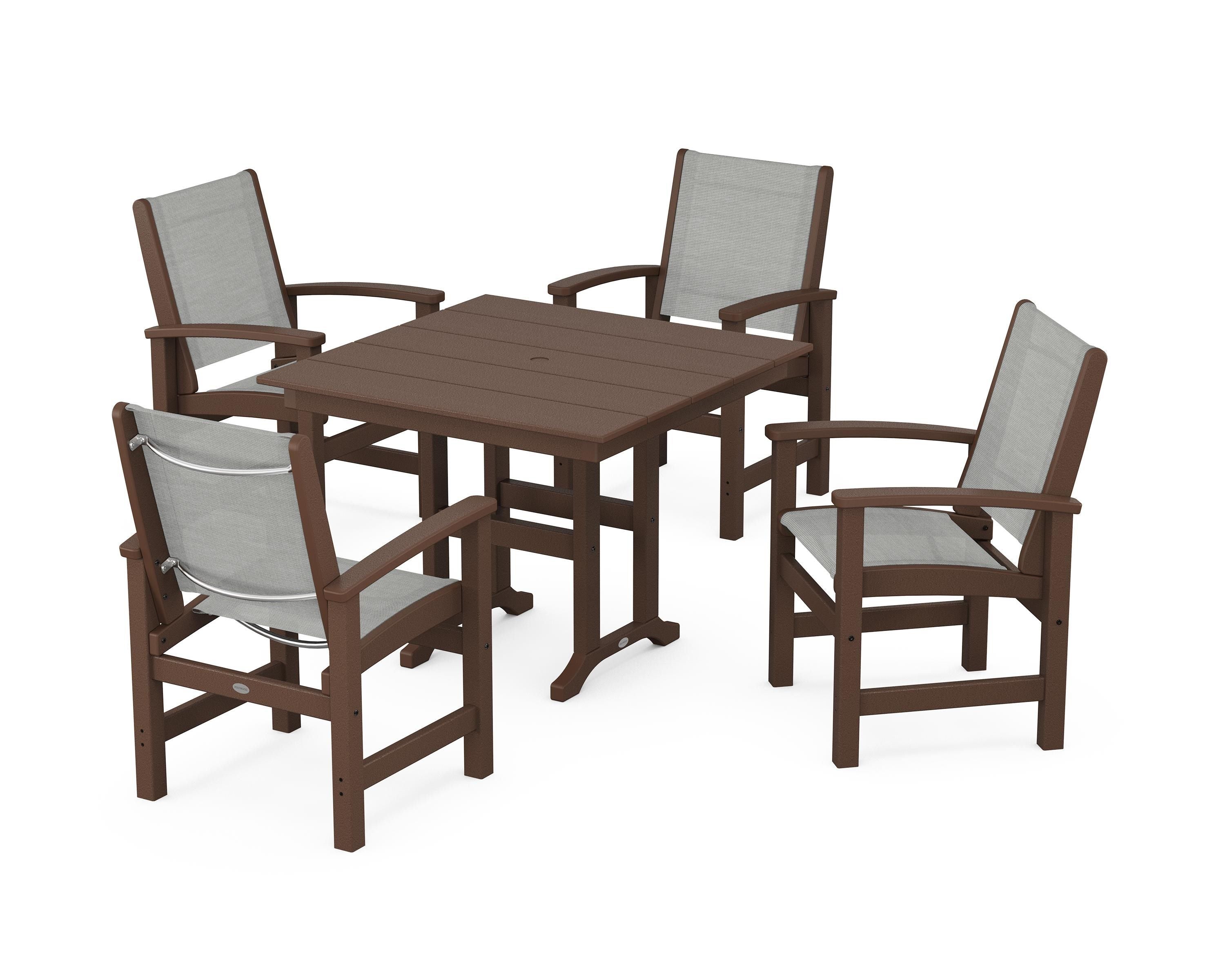 POLYWOOD® Coastal 5-Piece Farmhouse Dining Set in Mahogany / Metallic Sling