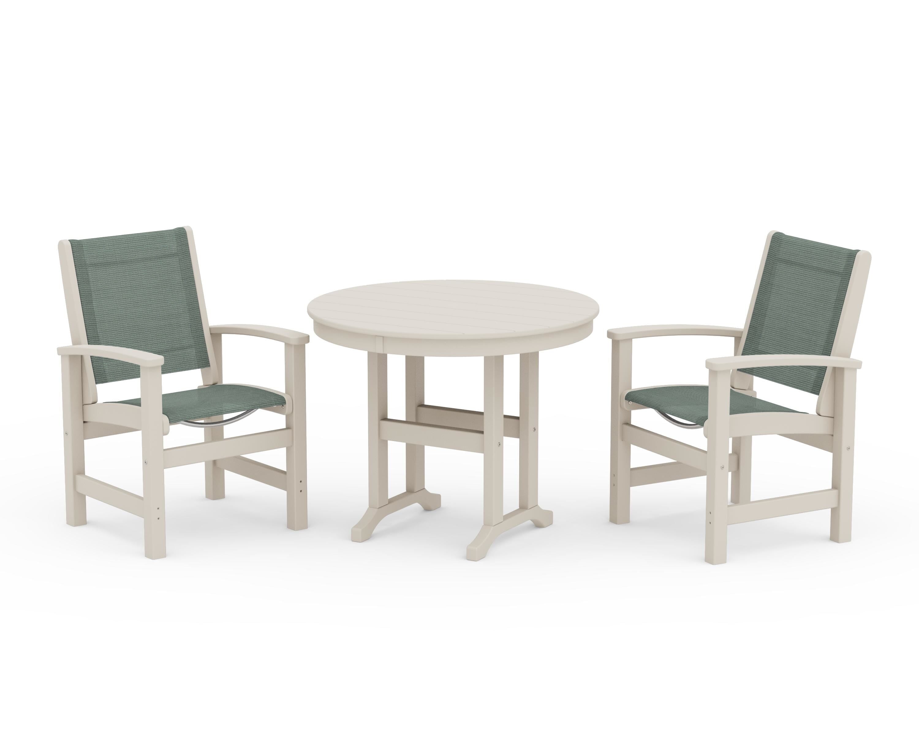 POLYWOOD® Coastal 3-Piece Round Dining Set in Sand / Dupioni Sea Mist Sling