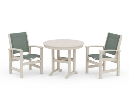 POLYWOOD® Coastal 3-Piece Round Dining Set in Sand / Dupioni Sea Mist Sling