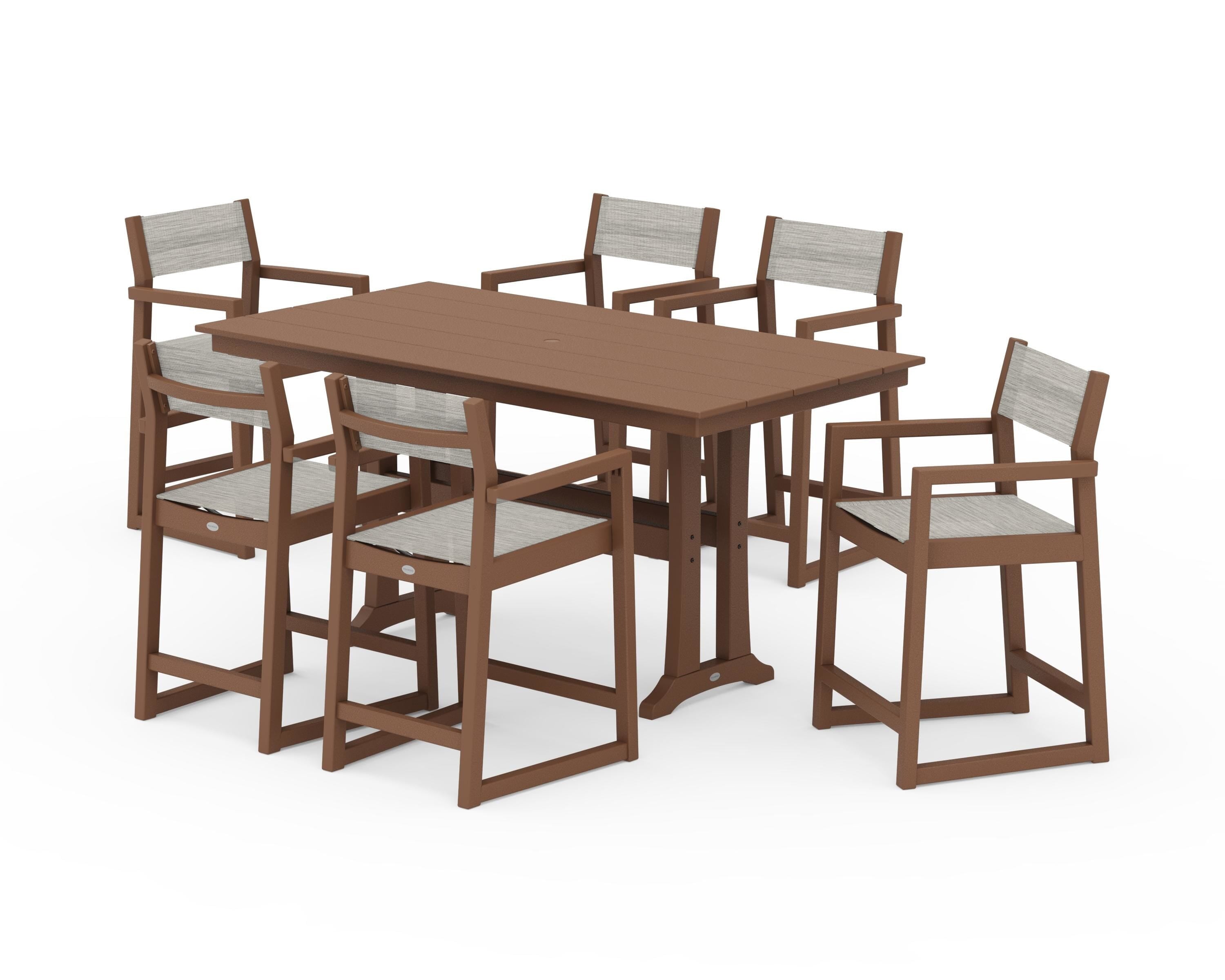 POLYWOOD® EDGE Sling Arm Chair 7-Piece Farmhouse Counter Set with Trestle Legs in Teak / Birch Sling
