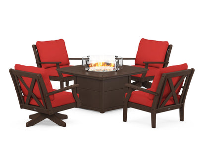 POLYWOOD® Braxton 5-Piece Deep Seating Set with Fire Table in Mahogany / Crimson Linen