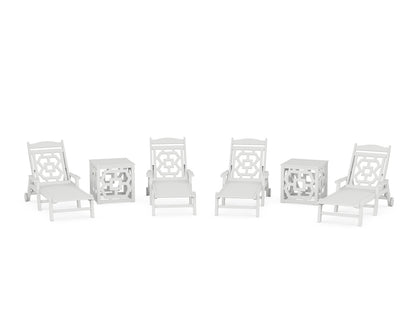 Martha Stewart by POLYWOOD® Chinoiserie 6-Piece Chaise Set with Umbrella Stand Accent Table in White