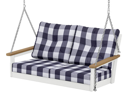 POLYWOOD® Vineyard Deep Seating Swing in White / Natural / Buffalo Plaid Navy