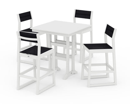 POLYWOOD® EDGE Sling Arm Chair 5-Piece Farmhouse Bar Set with Trestle Legs in White / Black Sling