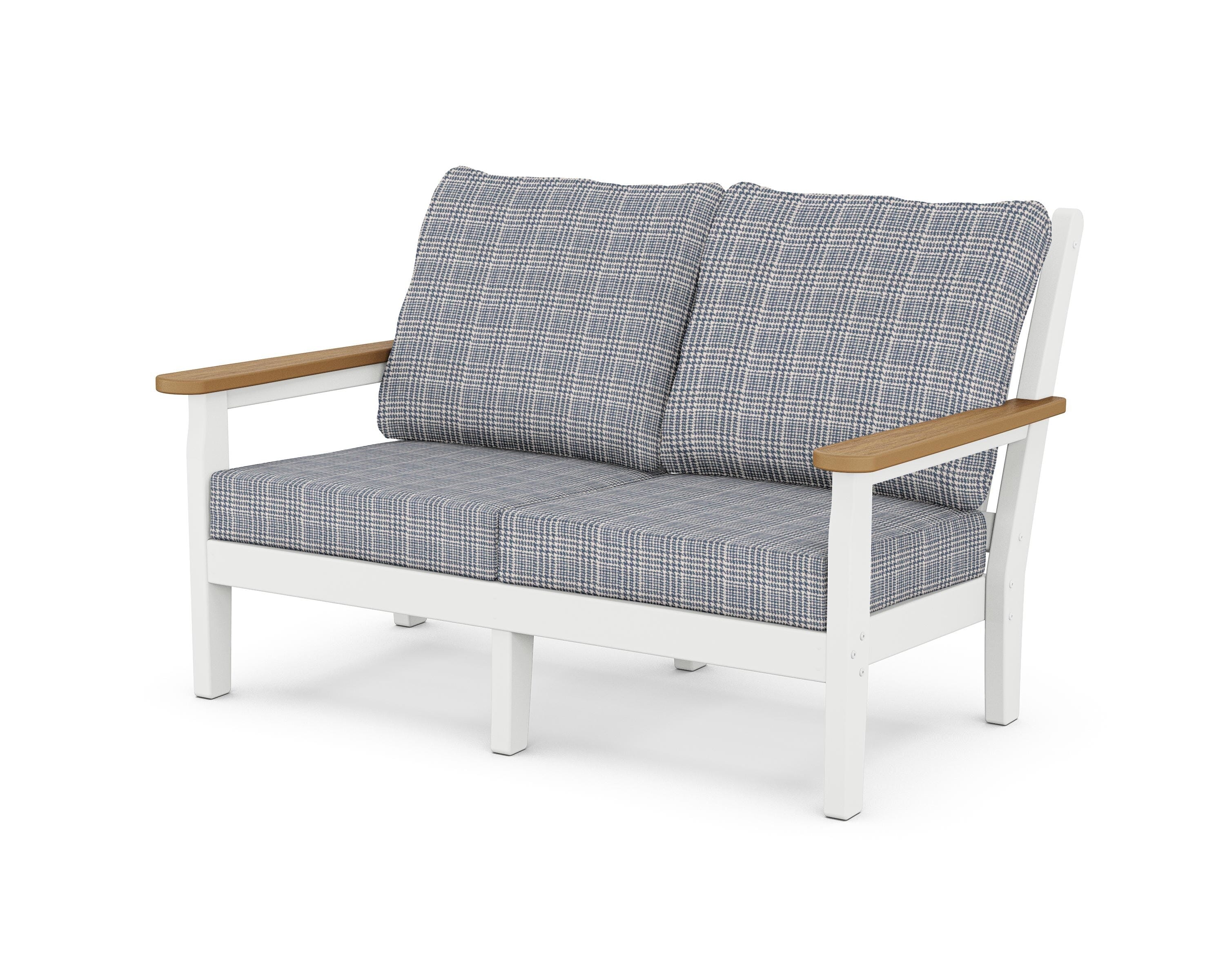 POLYWOOD® Chippendale Deep Seating Loveseat in White / Natural / Houndstooth Sky Blue