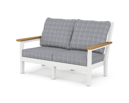 POLYWOOD® Chippendale Deep Seating Loveseat in White / Natural / Houndstooth Sky Blue