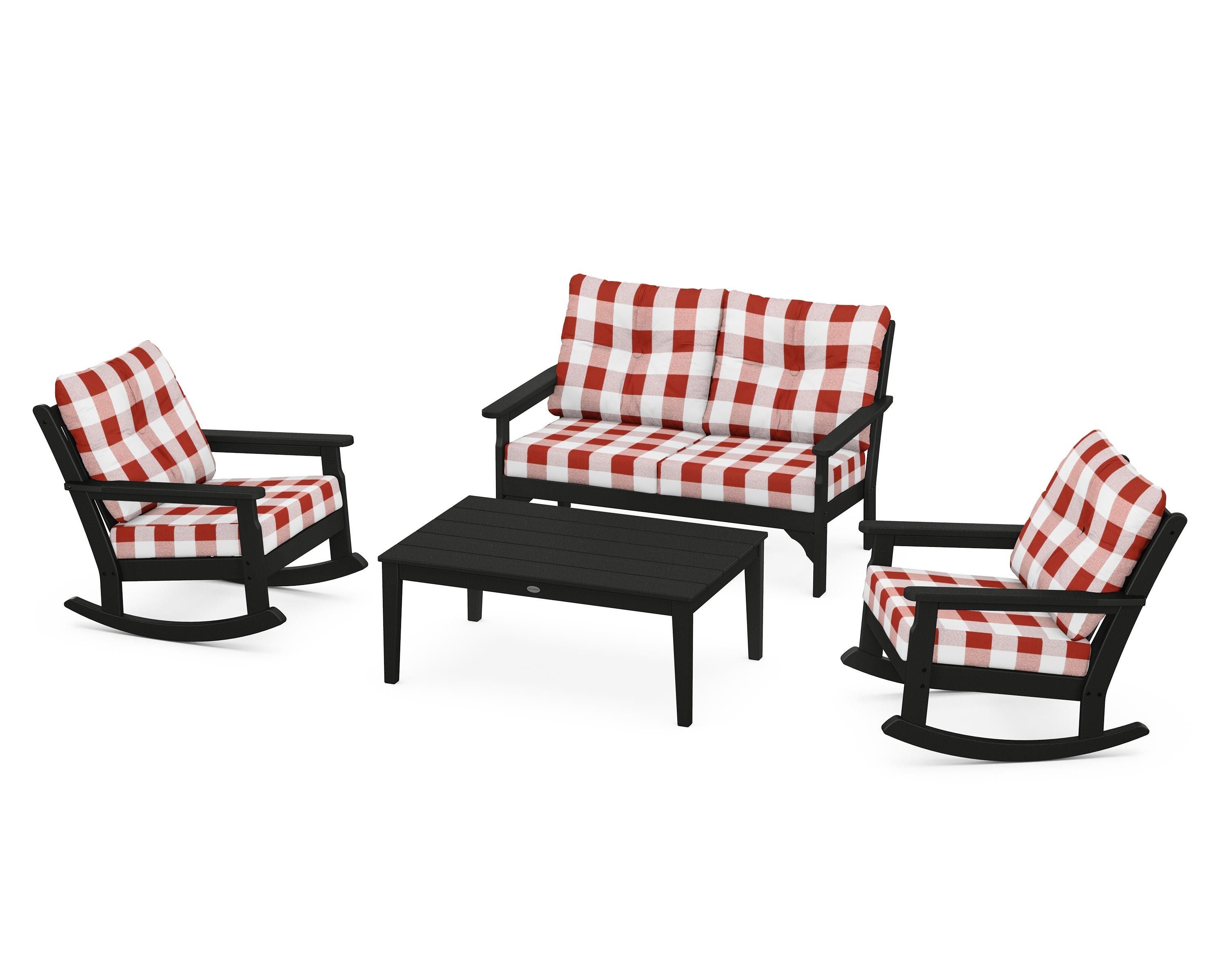 POLYWOOD® Vineyard 4-Piece Deep Seating Rocking Chair Set in Black / Buffalo Plaid Crimson