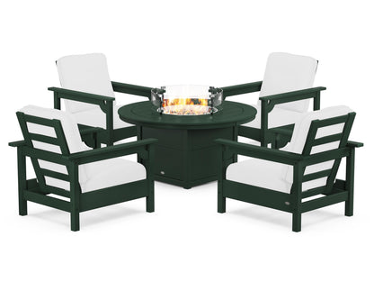 POLYWOOD® Club 5-Piece Conversation Set with Fire Pit Table in Green / Natural