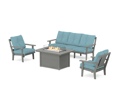 POLYWOOD® Prairie Deep Seating Fire Pit Table Set in Slate Grey / Lattice Sky Blue
