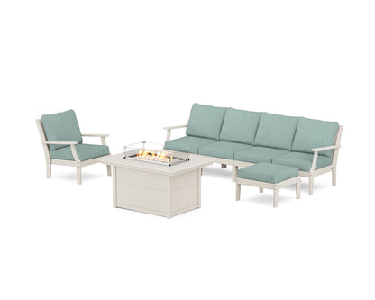 POLYWOOD® Braxton Sectional Lounge and Fire Pit Set in Sand / Glacier Spa