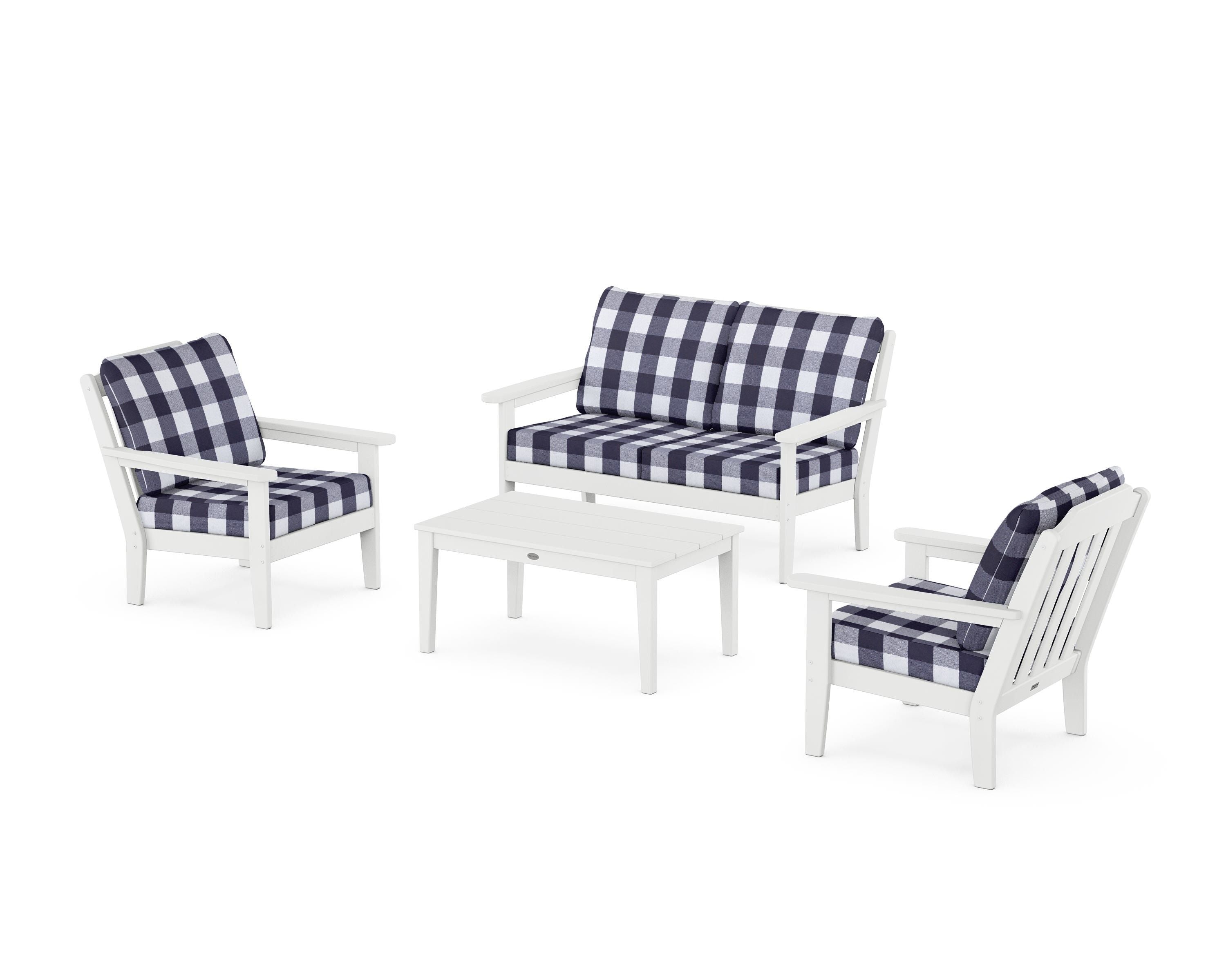 Country Living Cottage 4-Piece Deep Seating Set with Loveseat in White / Buffalo Plaid Navy