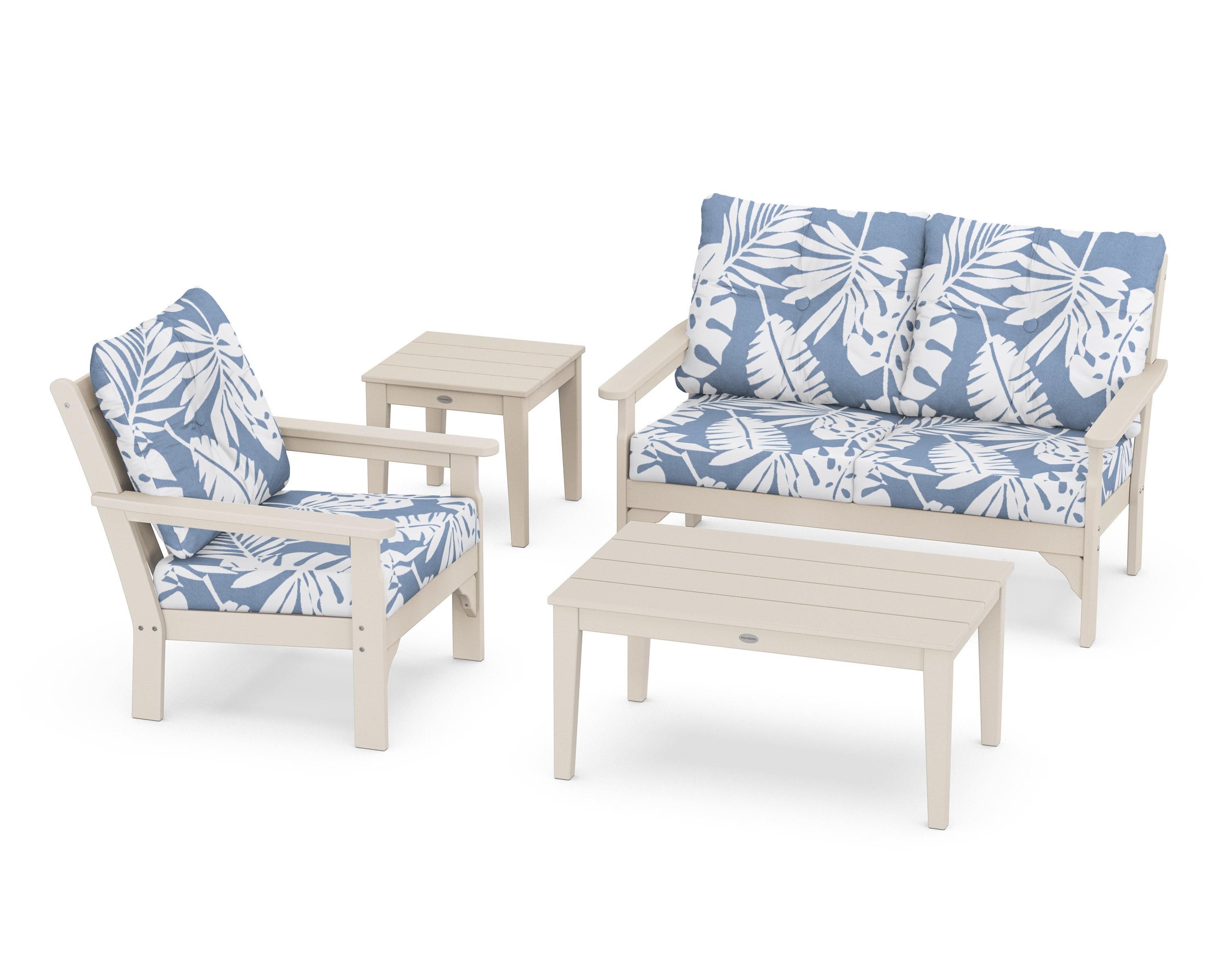 POLYWOOD® Vineyard 4-Piece Deep Seating Set in Sand / Leaf Sky Blue