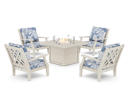 Country Living Wovendale 5-Piece Deep Seating Set with Fire Pit Table in Sand / Leaf Sky Blue