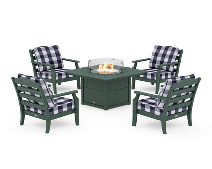 Draper James™ by  POLYWOOD® Savannah 5-Piece Deep Seating Set with Fire Pit Table in Green / Buffalo Plaid Navy