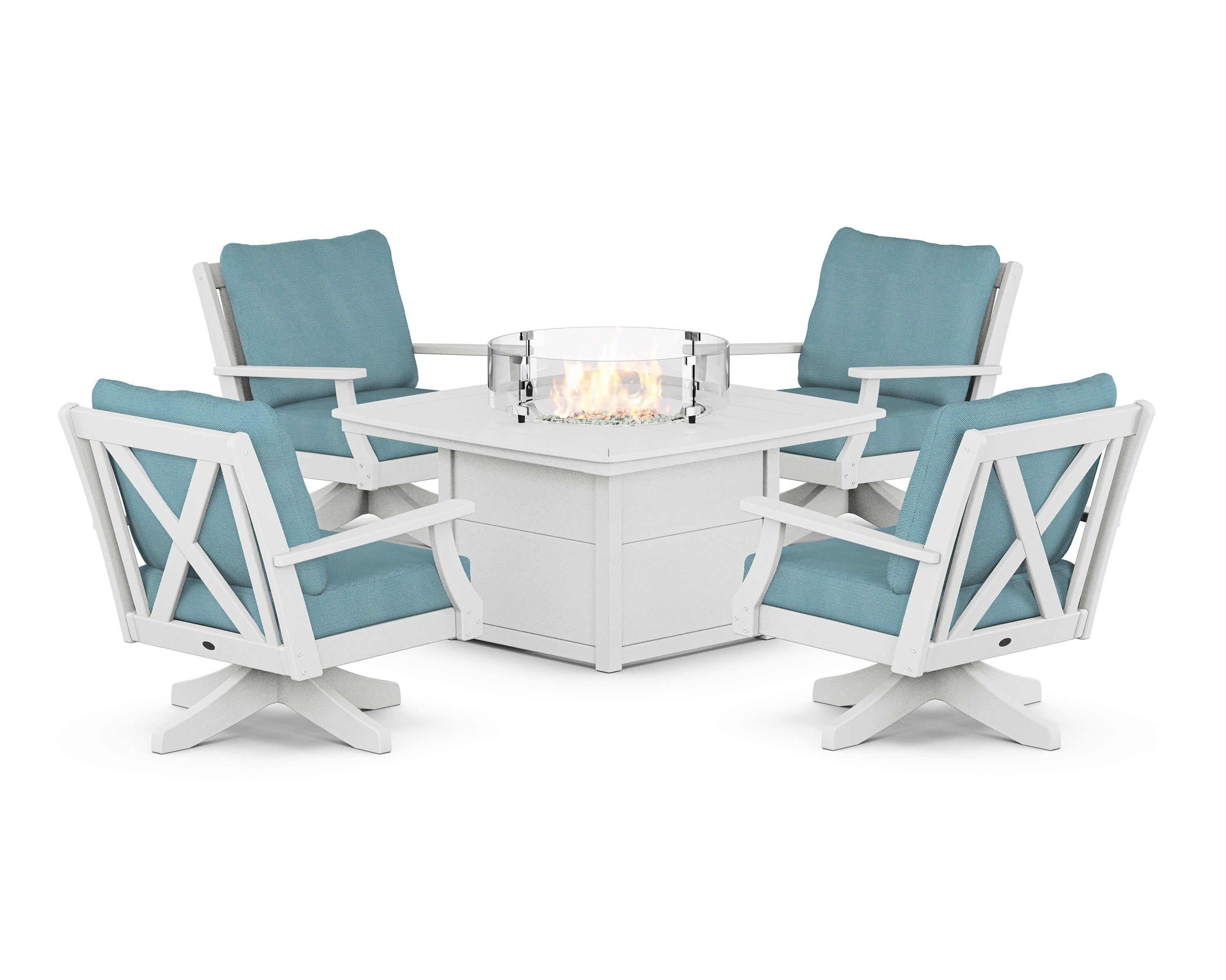 POLYWOOD® Braxton 5-Piece Deep Seating Swivel Conversation Set with Fire Pit Table in Vintage White / Lattice Sky Blue