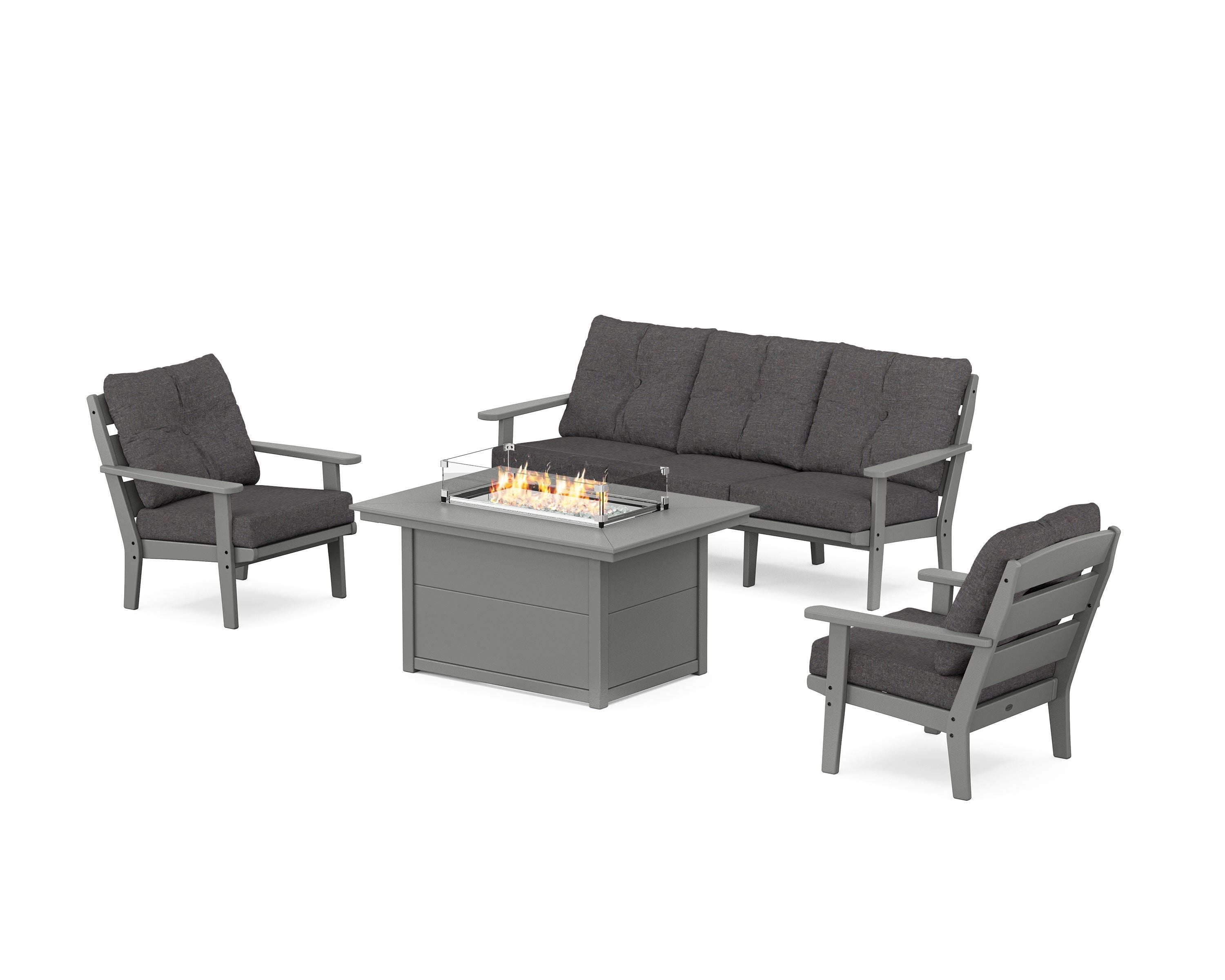 POLYWOOD® Lakeside Deep Seating Fire Pit Table Set in Slate Grey / Ash Charcoal