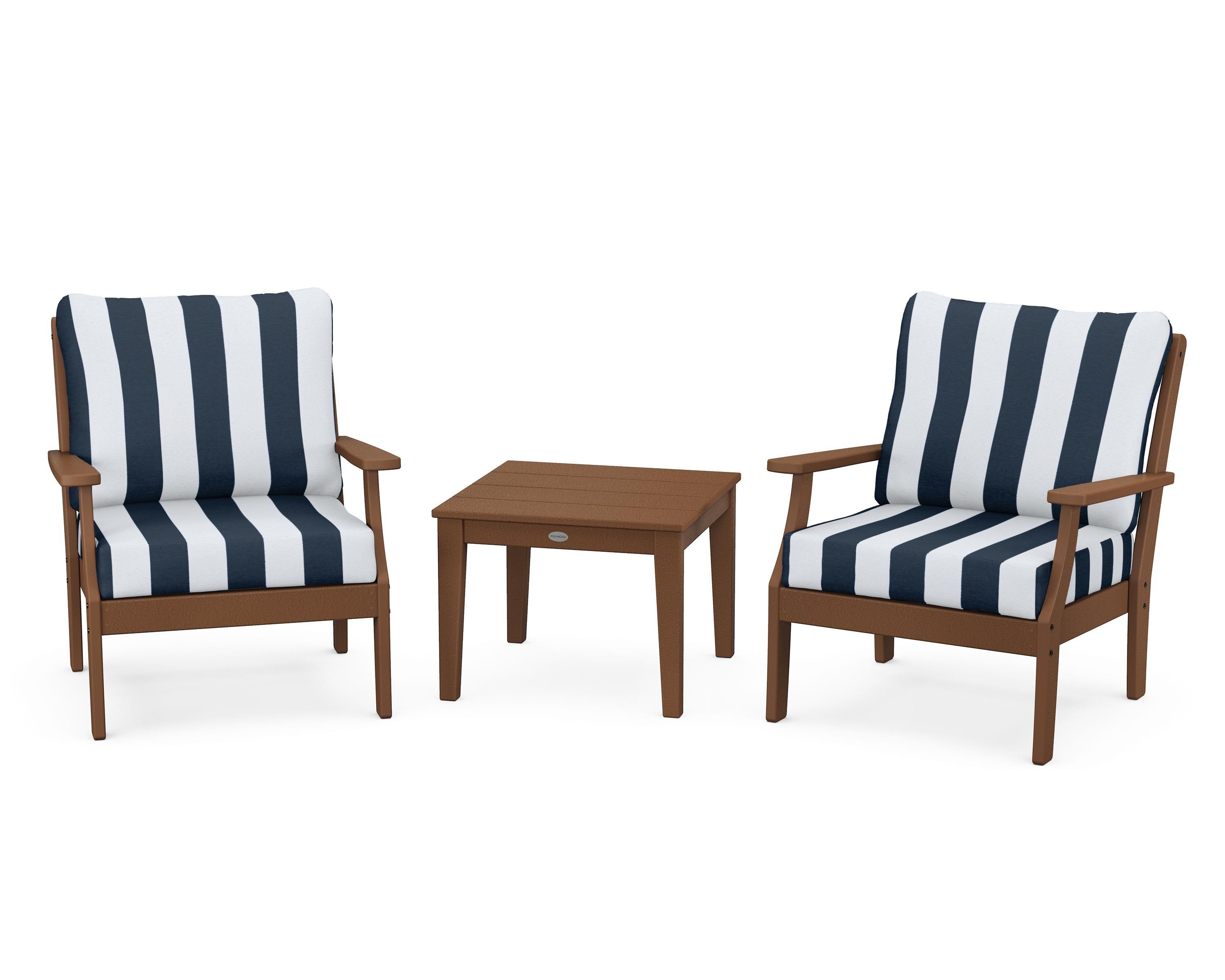 POLYWOOD® Braxton 3-Piece Deep Seating Set in Teak / Cabana Stripe Marine Indigo