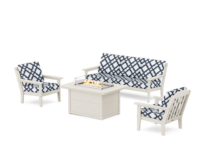 Country Living Cottage Deep Seating Fire Pit Table Set in Sand / Trellis Marine Indigo