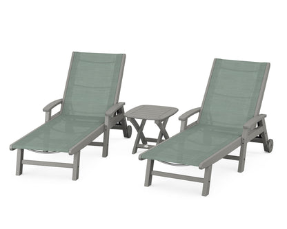 POLYWOOD® Coastal 3-Piece Wheeled Chaise Set in Slate Grey / Dupioni Sea Mist Sling
