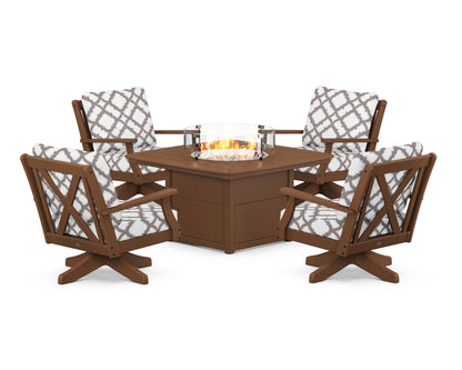 POLYWOOD® Braxton 5-Piece Deep Seating Swivel Conversation Set with Fire Pit Table in Teak / Trellis Grey Mist