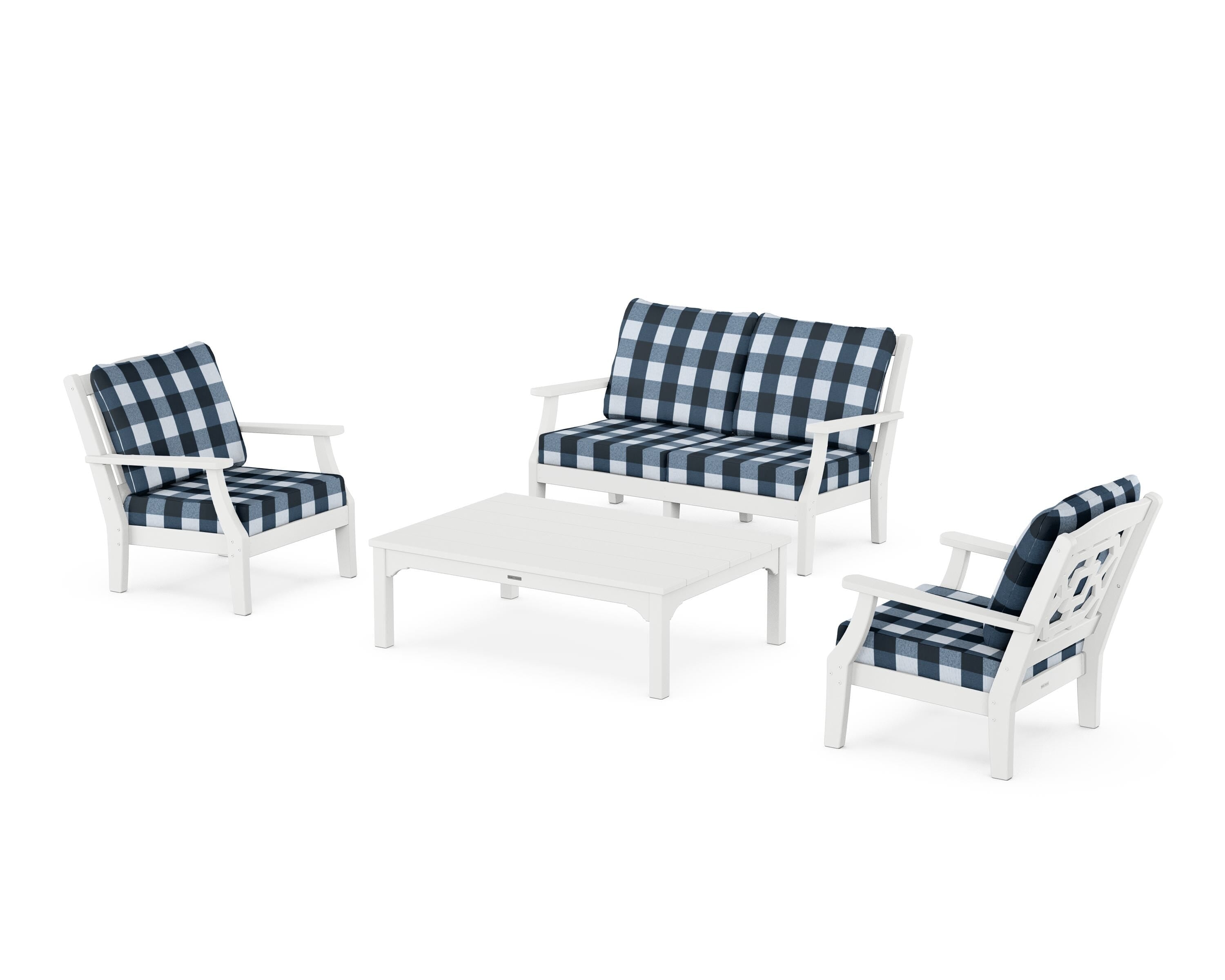 Martha Stewart by POLYWOOD® Chinoiserie 4-Piece Deep Seating Set with Loveseat in White / Buffalo Plaid Marine Indigo